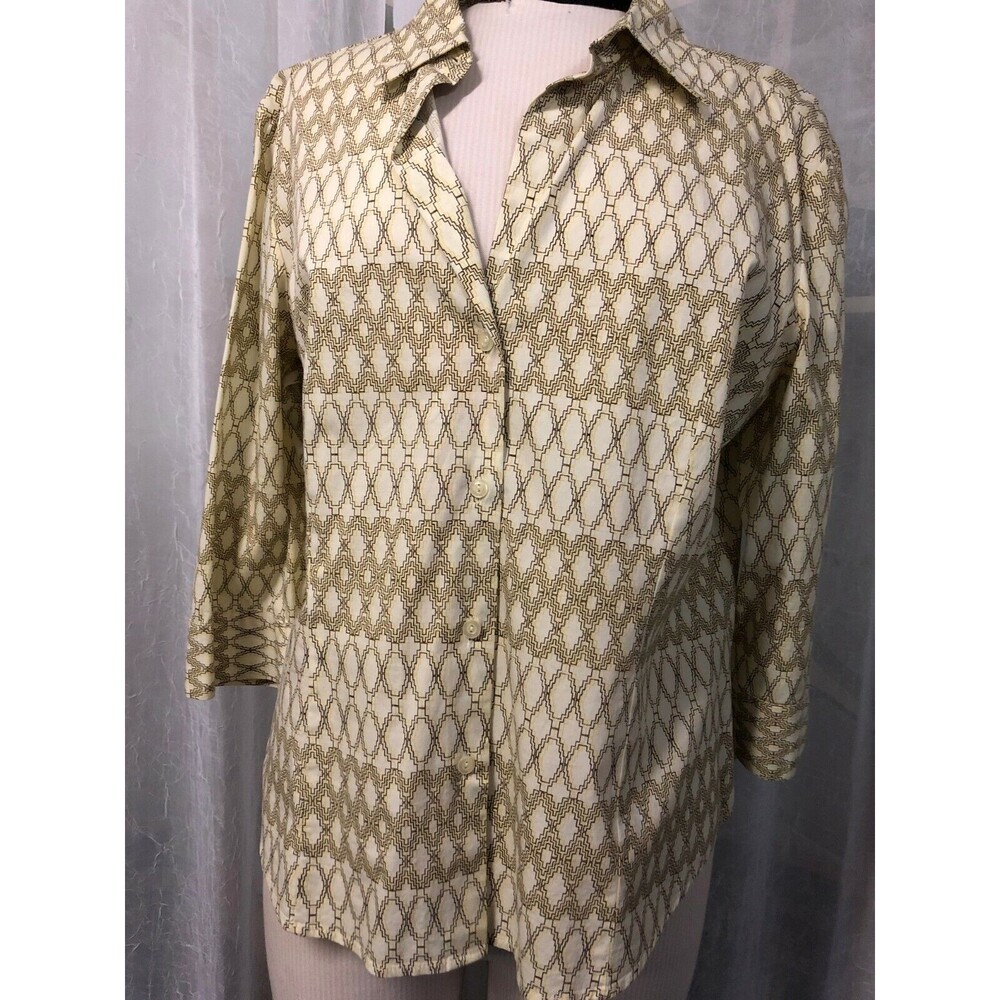 New York & Company Ivory Print Button Down Shirt Size X-Large